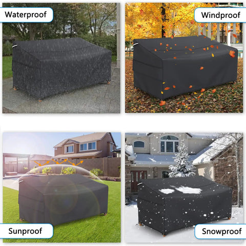 Heavy Duty Waterproof Outdoor Sofa Cover For A 3 Seater Loveseat, All Weather Protection, Snug Fit With Adjustable Strap, Images of sofa cover in different weather conditions, 79 Inch Long By 37 Inch Deep By 35 Inch High, Black.