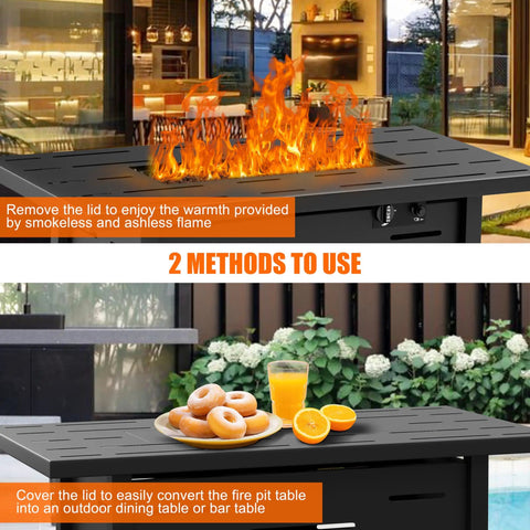 43 Inch Outdoor Propane Fire Pit Table With 50,000 BTU, Includes Lid And Waterproof Cover, Rectangle Gas Firepit For Garden And Patio, Converts To Dining Or Coffee Table, CSA Certified, Durable Black Finish
