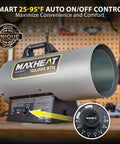 Maxheat 125,000 BTU Propane Forced Air Heater With Auto On Off Temperature Control 25 To 95 F Portable Garage Shop Heater side view