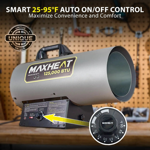 Maxheat 125,000 BTU Propane Forced Air Heater With Auto On Off Temperature Control 25 To 95 F Portable Garage Shop Heater side view