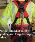 Back view of a worker wearing a Stretch Shock Absorbing Lanyard For Work Sites 6 Ft Double Leg Elastic Safety Lanyard in red.