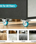 Killer 4 Inch Caster Wheels Heavy Duty TPR Silent Rollers on wood floor, safe for all surfaces like tile, carpet, and concrete.