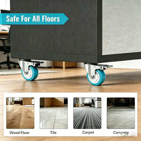 Killer 4 Inch Caster Wheels Heavy Duty TPR Silent Rollers on wood floor, safe for all surfaces like tile, carpet, and concrete.