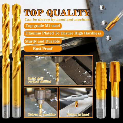 Rugged M2 HSS 1/8-27 NPT Pipe Tap And R Drill Bit Set With Titanium Plating, shown with pipes and fitting applications.