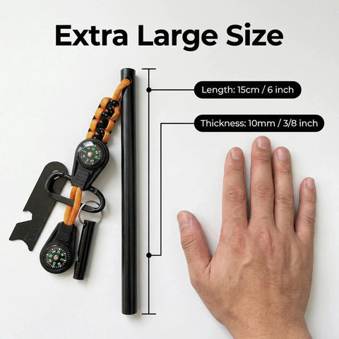 Easy Fire Starter Rod With Compass For Camping And Hiking, 3/8 by 6 inch size comparison with hand and tools.