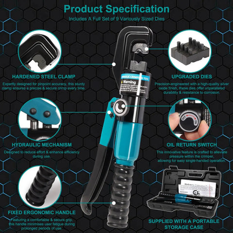 Pro Grade 10 Ton Hydraulic Crimping Tool With 9 Dies For Battery Cables And Wire Rope Crimper For 12 AWG To 2/0 AWG