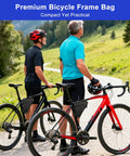 Two cyclists with Premium Triangle Bike Frame Bag For Mountain And Road Bikes, lightweight waterproof pouch attached to black frame.