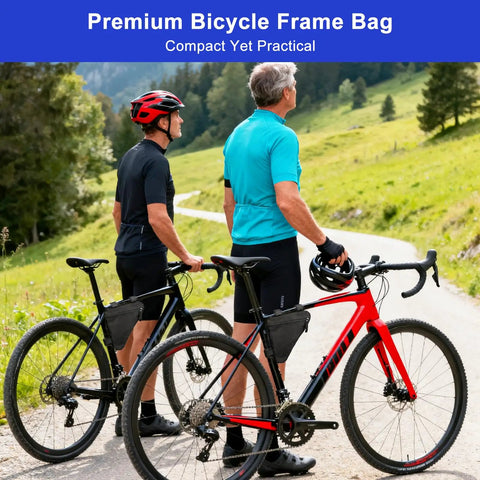 Two cyclists with Premium Triangle Bike Frame Bag For Mountain And Road Bikes, lightweight waterproof pouch attached to black frame.