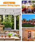 Two Pack 96 Foot Outdoor String Lights With Remotes Dimmable 3 Color LED Warm White Neutral White Daylight 2700K 4000K 5000K Waterproof Shatterproof Edison Bulbs For Patio Backyard Bash Parties highlighting lighting settings in different outdoor settings.