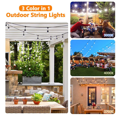 Two Pack 96 Foot Outdoor String Lights With Remotes Dimmable 3 Color LED Warm White Neutral White Daylight 2700K 4000K 5000K Waterproof Shatterproof Edison Bulbs For Patio Backyard Bash Parties highlighting lighting settings in different outdoor settings.