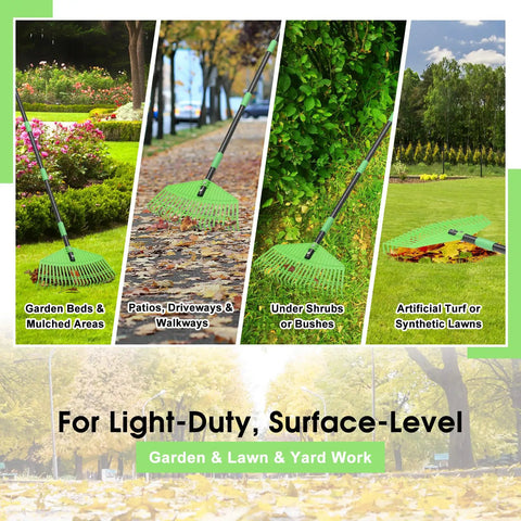 Heavy Duty Nylon Leaf Rake With 17 Inch Wide Head And 45 Inch Handle For Quick Lawn Cleanup, Lightweight Yard Rake in use on garden bed, patio, under bushes, and artificial turf. Suitable for leaves, pine needles, and debris.