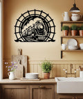 Old School Vintage Steam Train Metal Sign, Circular Iron Wall Art With Locomotive Silhouette in farmhouse kitchen