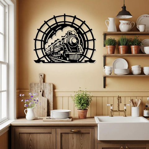 Old School Vintage Steam Train Metal Sign, Circular Iron Wall Art With Locomotive Silhouette in farmhouse kitchen