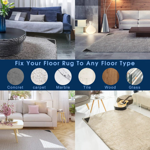 Living areas showcasing 14 Piece Non Slip Rug Tape Set With Rug Grippers And Pad Grippers For Hardwood Floors, Tile, and Mats.