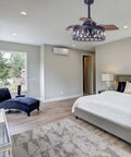 Bedroom with 36 Inch Matte Black Crystal Ceiling Fan With Light And Remote, 3 Retractable Blades, Modern Fandelier Style