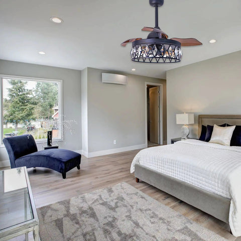 Bedroom with 36 Inch Matte Black Crystal Ceiling Fan With Light And Remote, 3 Retractable Blades, Modern Fandelier Style