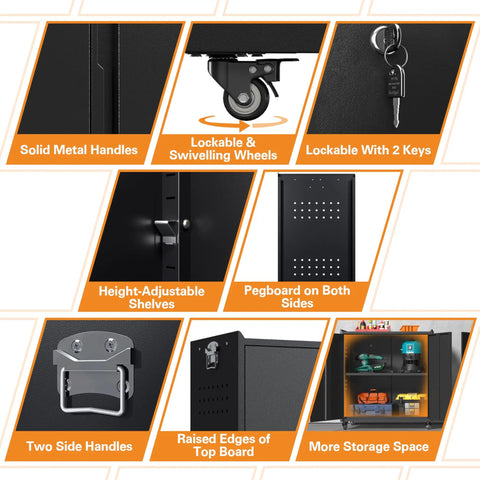 Durable Heavy Duty 34 Inch Steel Garage Storage Cabinet Featuring Smooth Roll Caster Wheels And Adjustable Shelf Layouts For Secure Locking And Shop Grade Black Tool Storage