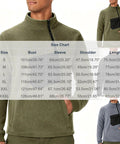 Cozy Mens Half Zip Fleece Pullover With Stand Collar, Long Sleeve Sweatshirt in Army Green, size chart overlay, relaxed fit