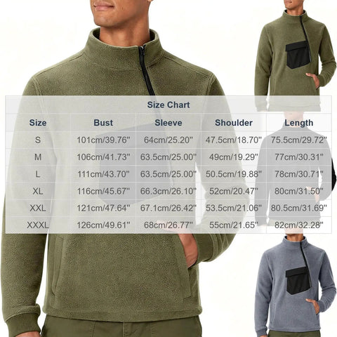 Cozy Mens Half Zip Fleece Pullover With Stand Collar, Long Sleeve Sweatshirt in Army Green, size chart overlay, relaxed fit
