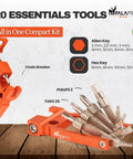 Lightweight 20 In 1 Bike Multitool Kit In Orange With Chrome Vanadium Construction A Trail Ready MTB Repair Tool Featuring Chain Breaker Allen Keys Torx Screwdrivers Spoke Wrenches And More For Quick Fixes On The Go, showing tools spread out on a wooden surface.