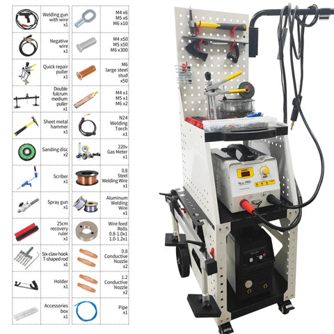 Aluminum Dent Pulling And Welding Machine Car Stud Welder Auto Spot Dent Repair Tool Kit With Digital Inverter Pulse Gas Shielded Welding And M3 To M6 Stud Weld Capability And Professional Tool Cart 220V with tools and accessories.