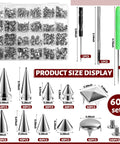 Organizer with 600 Piece Punk Spikes And Studs Kit For Leather Craft And DIY Clothing To Help You Customize, tools included.