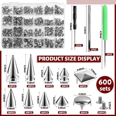 Organizer with 600 Piece Punk Spikes And Studs Kit For Leather Craft And DIY Clothing To Help You Customize, tools included.