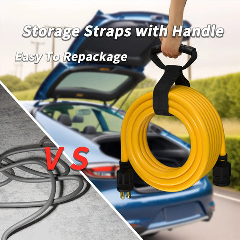 Beefy 50 Foot 30 Amp Generator Extension Cord 4 Prong NEMA L14-30P To L14-30R, 10 Gauge STW 125/250V in car trunk with storage straps