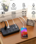 No Fuss Smart Power Strip With Individual Outlet Control, Rock Solid Surge Protection, Dual Fast Charging Usb A And C Ports, Straight Ahead Cable Management For Home Or Gaming Setup Black on a wooden table with a phone charging.