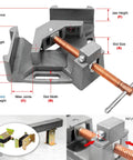 Beefy Heavy Duty Cast Iron 90 Degree Right Angle Clamp With Adjustable Swing Jaw And Quick Acting Screw, Corner Clamp For Angle Iron, 2.45 Inch T Clearance, Two Magnetic Rest Blocks, Stand-Offs WAC35D, shown with dimensions