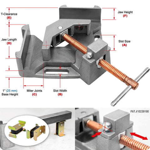 Beefy Heavy Duty Cast Iron 90 Degree Right Angle Clamp With Adjustable Swing Jaw And Quick Acting Screw, Corner Clamp For Angle Iron, 2.45 Inch T Clearance, Two Magnetic Rest Blocks, Stand-Offs WAC35D, shown with dimensions
