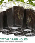 120 Cell Seed Starter Tray Kit With Humidity Dome for Seedlings, close-up of bottom drain holes in clear plastic cells with roots visible