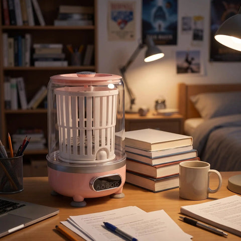 Game Changing Go Anywhere Portable Mini Washing Machine For Socks And Underwear With Hassle Free Cordless Operation Ultra Compact 3 Liter Tank Three Quick Wash Cycles A Sick Little Helper For Dorm Travel Or Camping Adventures on a desk in a cozy room.