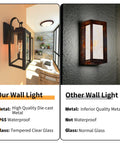 Comparison of Dope Matte Black Outdoor Wall Light With Clear Glass Shade Weatherproof Front Porch Sconce and a rusted light
