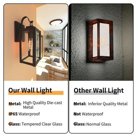 Comparison of Dope Matte Black Outdoor Wall Light With Clear Glass Shade Weatherproof Front Porch Sconce and a rusted light