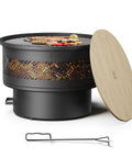 26 Inch Fire Pit With Grill And Lid For Outdoor Use showing wood burning and poker