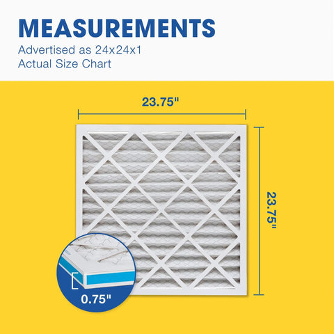 MERV 8 Pleated HVAC Filter 24x24x1 6 Count High Efficiency for Furnace and Air Conditioner with measurements shown