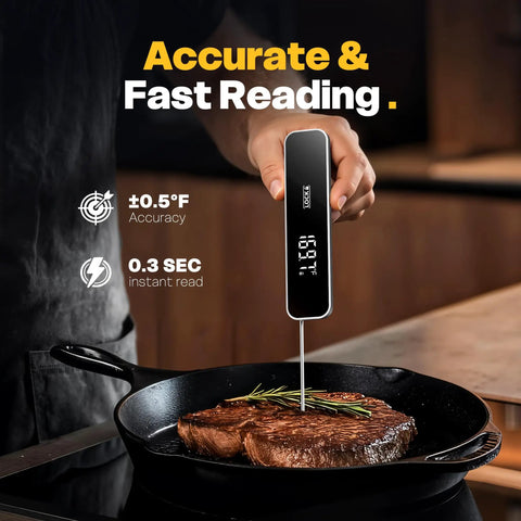 Person using Lightning Fast Instant Read Meat Thermometer 0.3S Digital Food Thermometer For Cooking Grilling BBQ Candy Air Fryer And Griddle