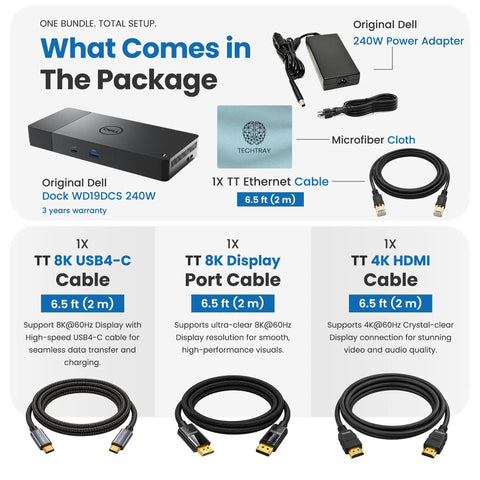 Heavy Duty Usb C Docking Station For Precision Workstations Dual Monitor Hub With 240 Watt Power Delivery package contents including cables and adapter.