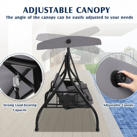 3 Seat Outdoor Porch Swing With Adjustable Canopy And Convertible Bed beside pool detailing strong frame and canopy features