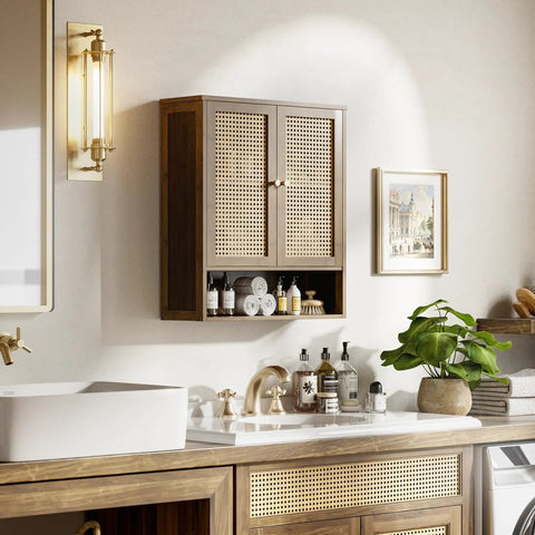 Rattan And Bamboo Bathroom Wall Cabinet With Doors And Shelves For Over Toilet Space Saving Hanging Storage Organizer In Walnut Finish