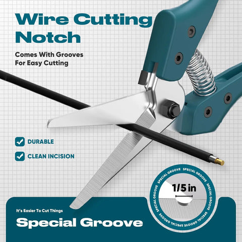 Close-up of 8 Inch All Purpose Heavy Duty Scissors With Ultra Sharp Serrated Angled Blades And Cable Notch cutting wire