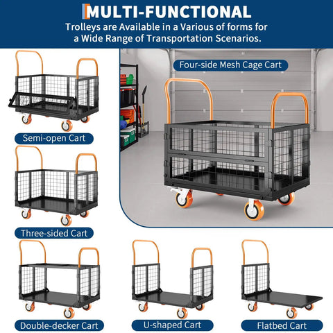 Heavy Duty Folding Utility Cart And Cage Platform Truck With 1800 Lb Capacity in various configurations in garage setting.