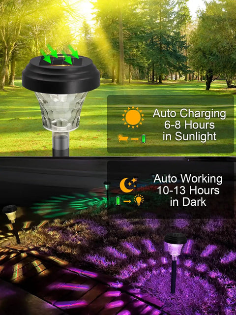 Seven Pack Solar Pathway Lights with RGB Color Changing and a Lit Warm White Glow IP67 Waterproof Outdoor LED in garden setup.