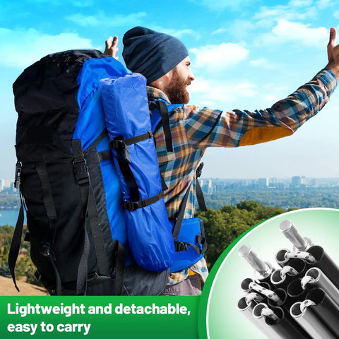 Person hiking with backpack, Heavy Duty Tent Pole Replacement Kit for 3-4 Person Tents, 20ft Pre-Assembled 16-Section Poles shown