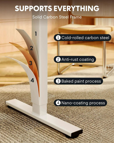Structure details of One Piece Standing Desk 48 By 24 Inch Seamless Desktop with electric height adjustment featuring solid carbon steel frame.
