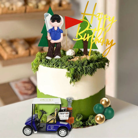 Badass Golf Cake Toppers With Golf Cart And Clay Figurine Dope Golfer Birthday Party Supplies including a clay golfer, flag, trees, and cart.