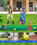 Child playing with Toddler Golf Set With Shoulder Strap For Kids Aged 2 To 5 Portable Golf Clubs Cart And Putting Mat