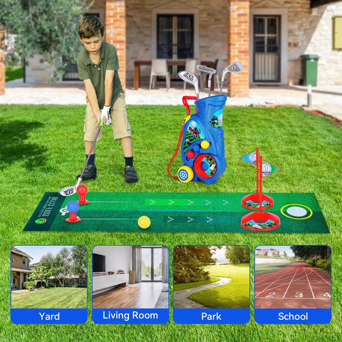 Child playing with Toddler Golf Set With Shoulder Strap For Kids Aged 2 To 5 Portable Golf Clubs Cart And Putting Mat