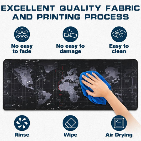 World Map Themed Go To Gaming Mouse Pad For Desk And Keyboard, Large 31.5 Inch By 11.8 Inch, Non Slip Base, Black, being cleaned